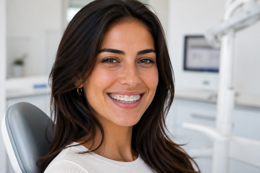 Paciente sonriendo con tratamiento de ortodoncia convencional de brackets estéticos en Llíria.⁠