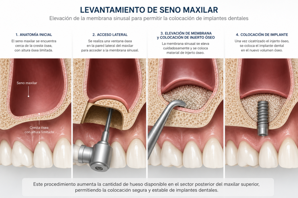 Esquema explicativo del proceso de elevación o levantamiento de seno maxilar para implantes dentales.