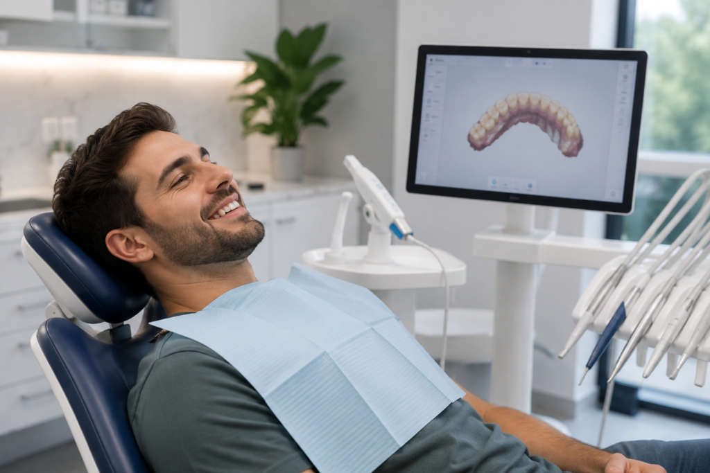 escáner intraoral tomando medidas digitales de la boca del paciente]
ALT: Escaneado intraoral digital previo a carga inmediata en Llíria — Clínica Miguel Pérez Odontología