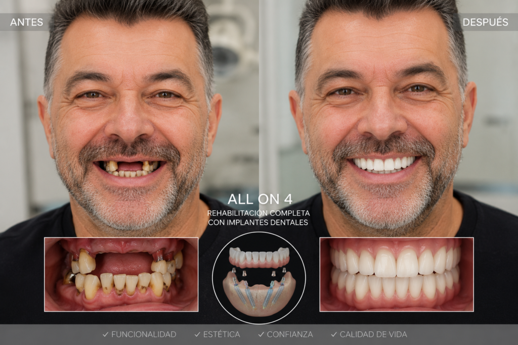 Antes y después de tratamiento de rehabilitación completa con implantes dentales All on 4 en Llíria.