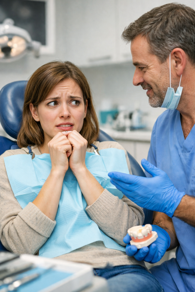 Paciente con miedo al dentista en Llíria siendo atendida con calma — Clínica Miguel Pérez
